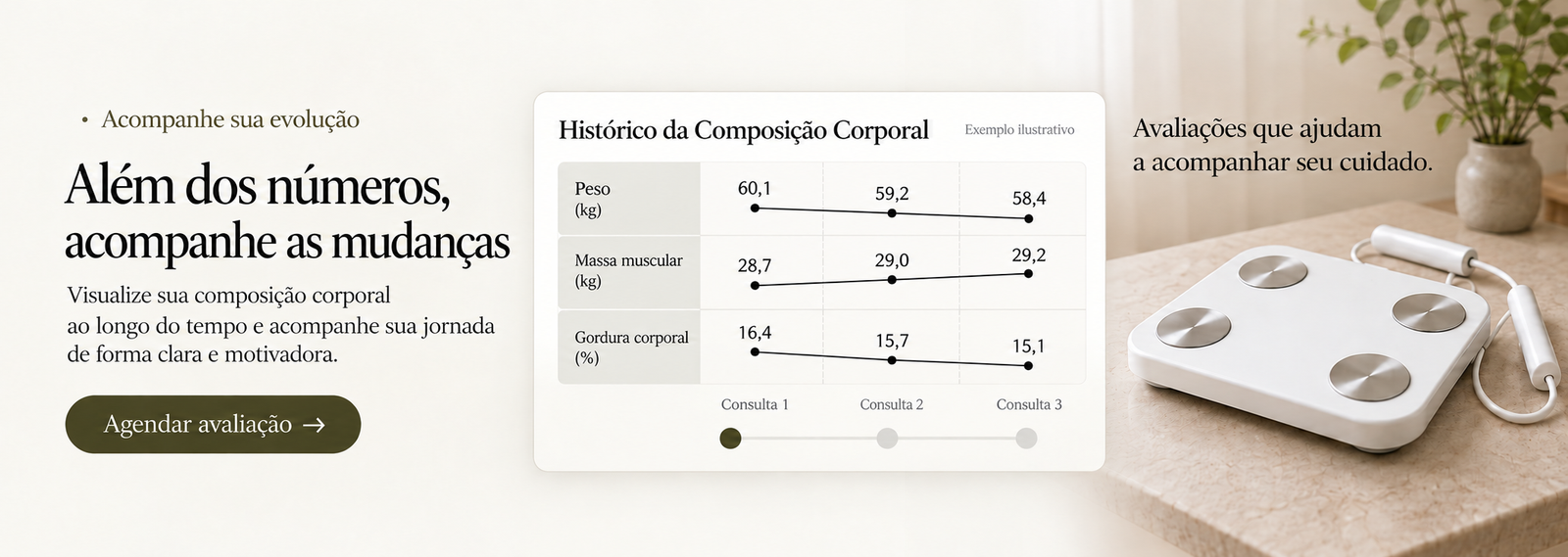 Ilustração do acompanhamento da composição corporal entre consultas