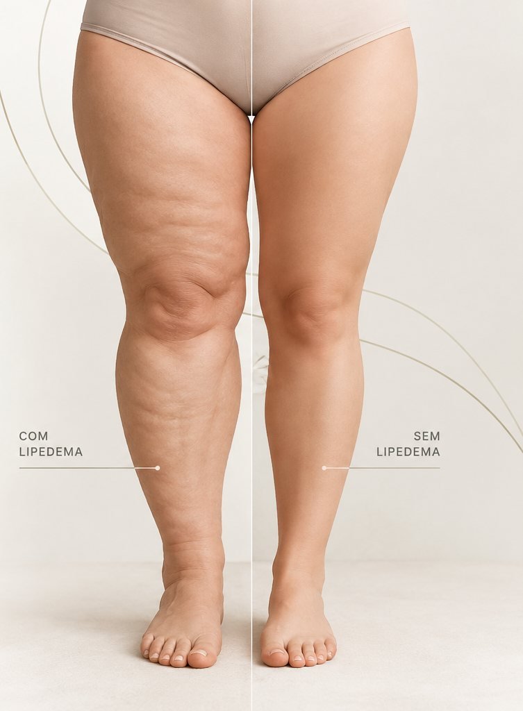 Ilustração comparativa de características corporais que podem ocorrer em pessoas com lipedema
